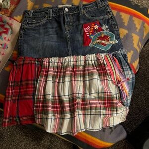 Patchwork Denim and Plaid Skirt